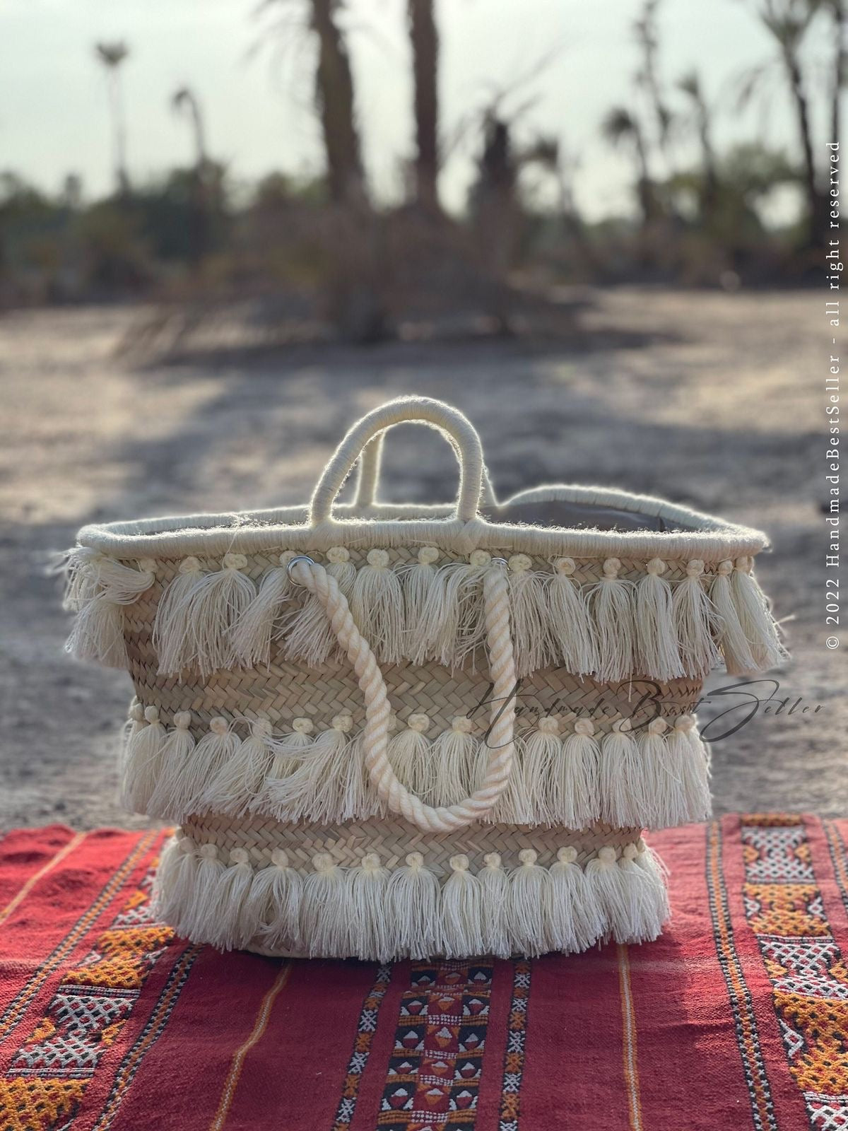Moroccan Handmade Raffia Tote with Tassels