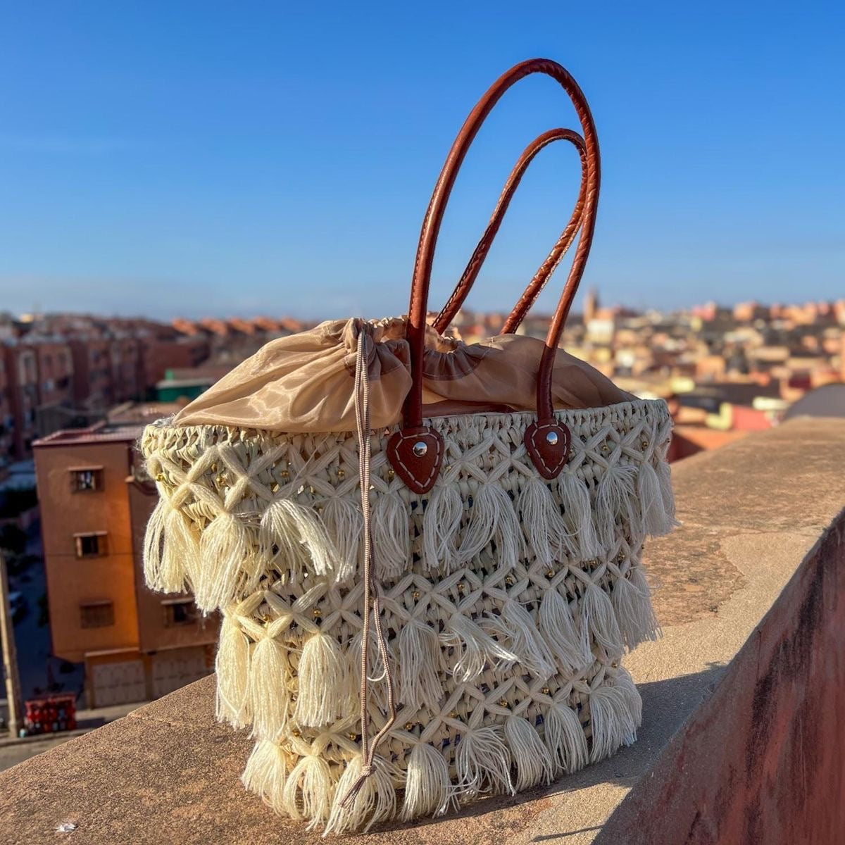 Moroccan Handmade Raffia Tote with Tassels