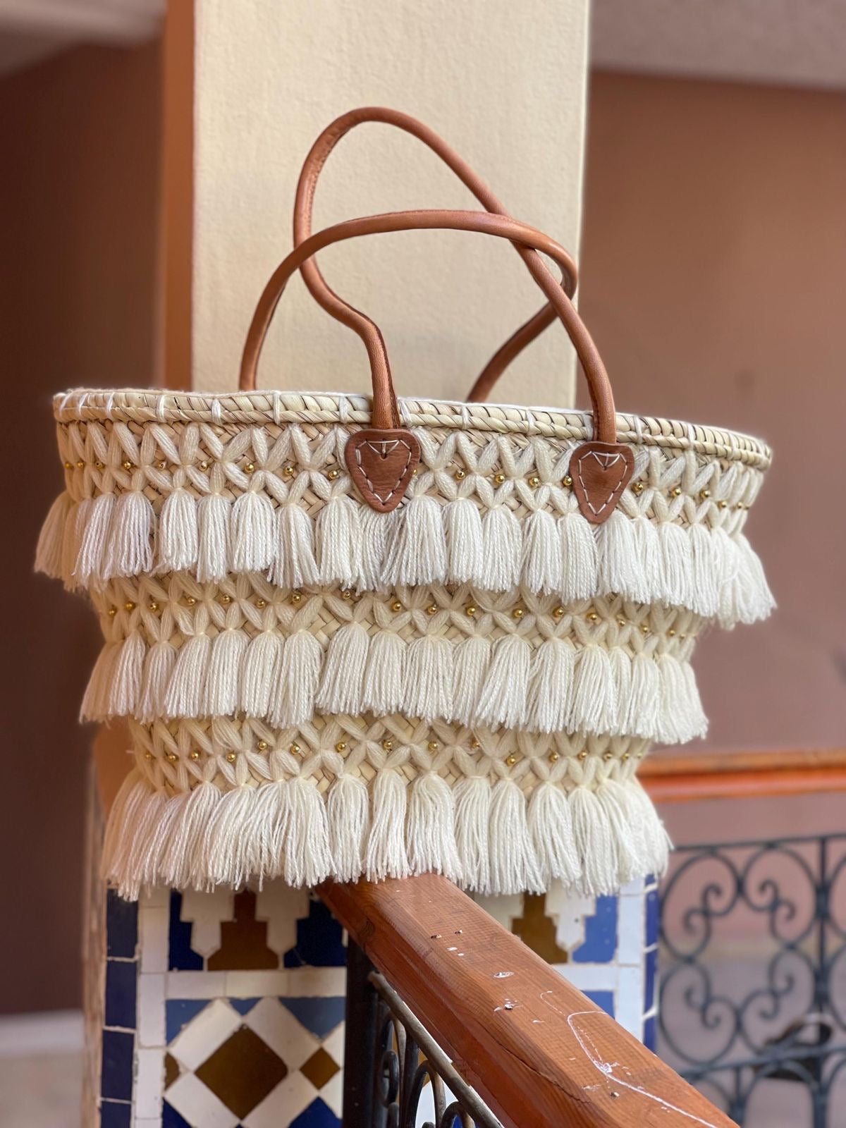 Moroccan Handmade Raffia Tote with Tassels
