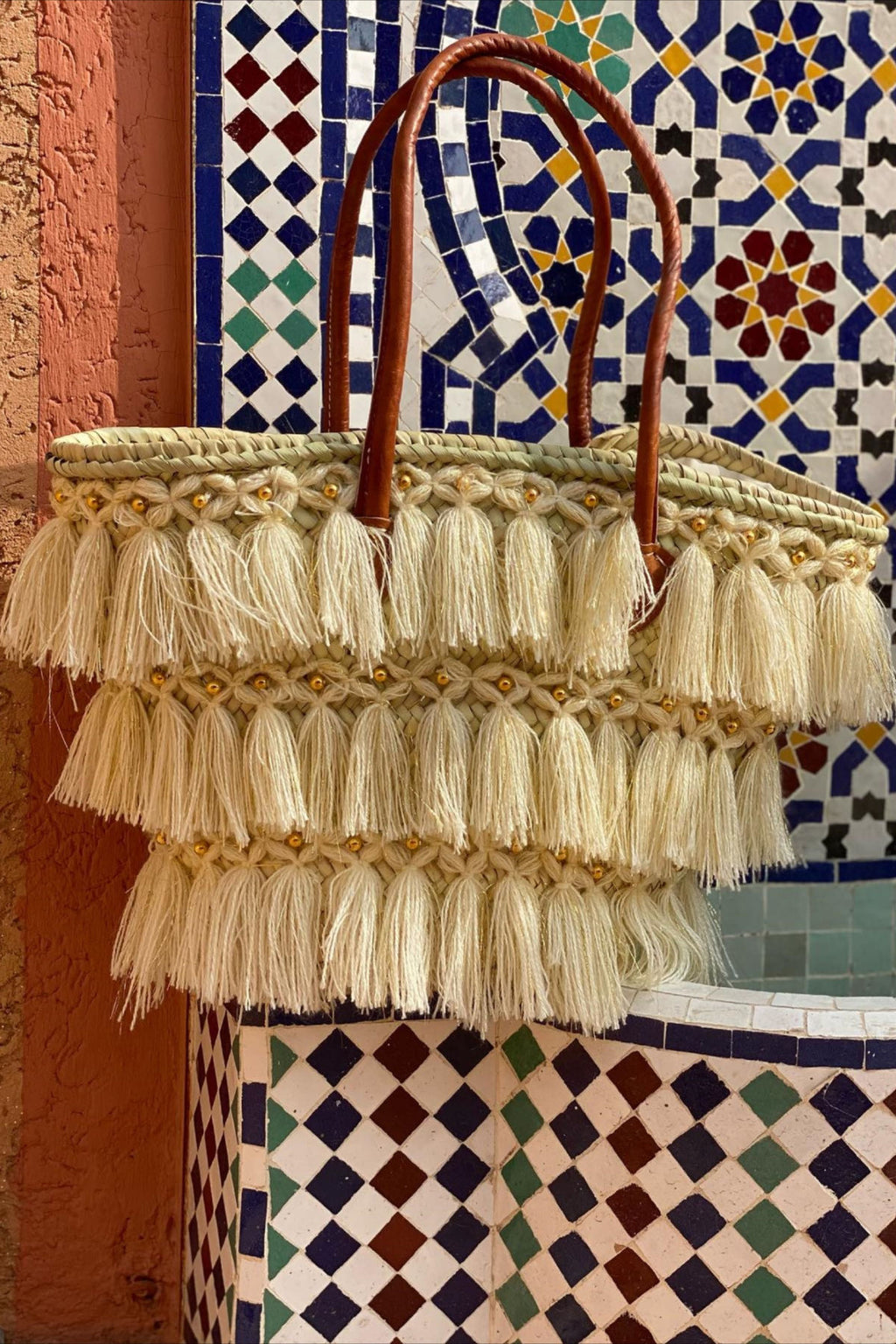 Moroccan Handmade Raffia Tote with Tassels