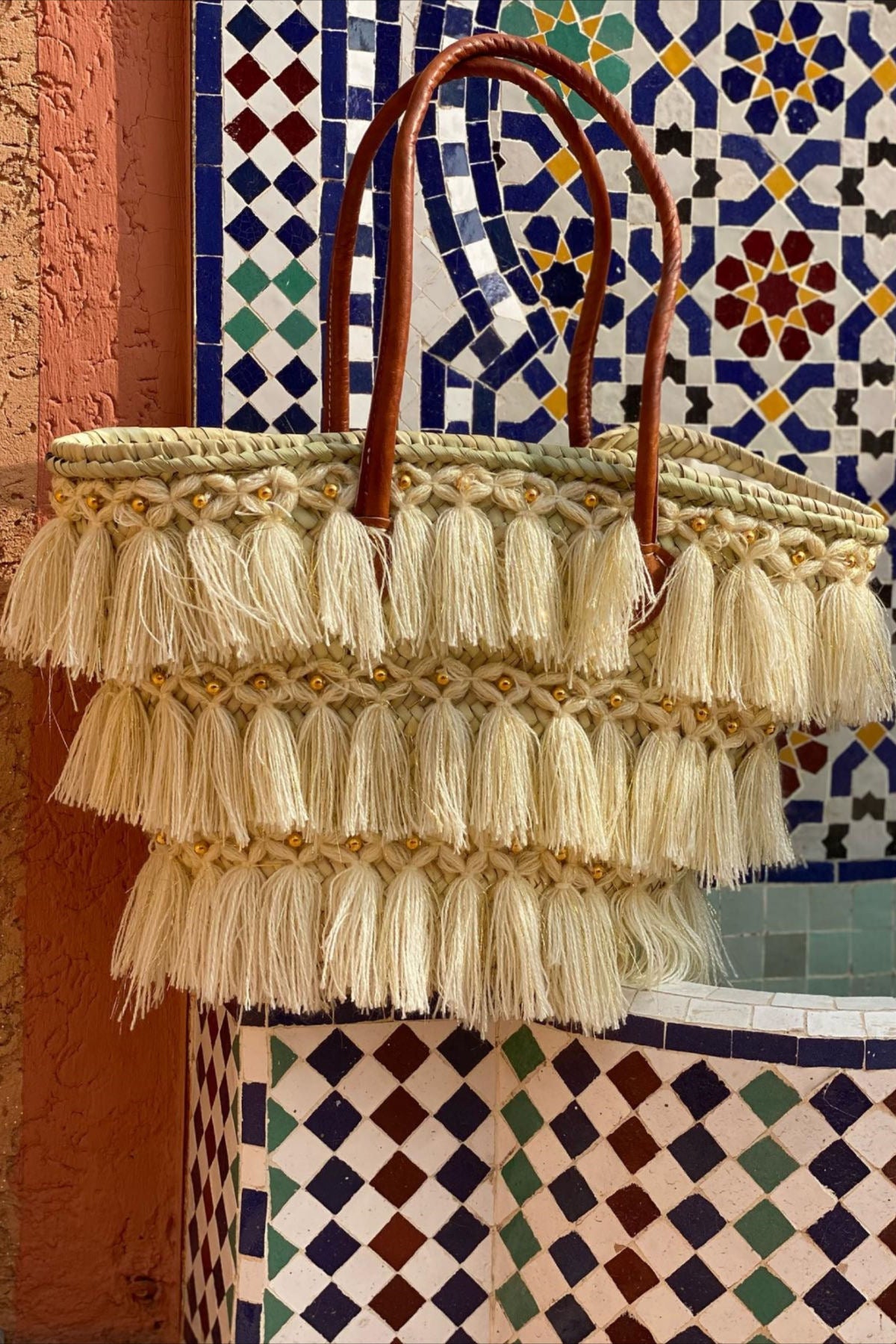 Moroccan Handmade Raffia Tote with Tassels