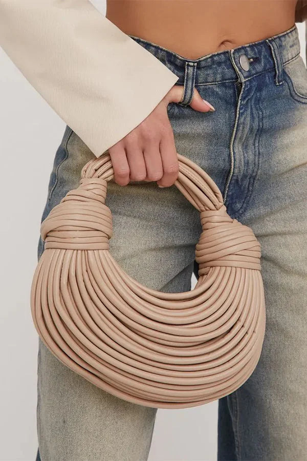 Twist Halo” Vegan-Leather Handbag – Nude Beige