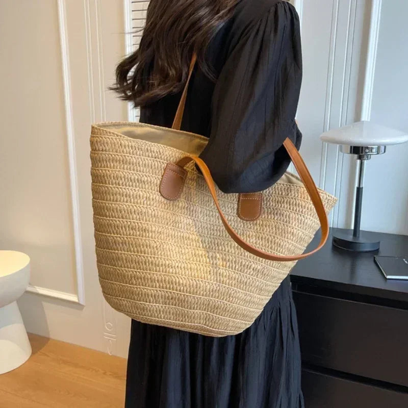 Moroccan Handmade Straw Bag – Traditional Woven Tote with Leather Handles