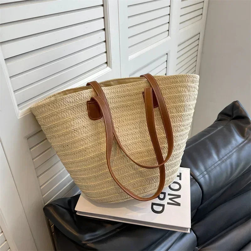 Moroccan Handmade Straw Bag – Traditional Woven Tote with Leather Handles
