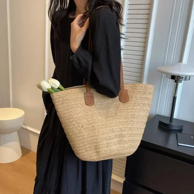 Moroccan Handmade Straw Bag – Traditional Woven Tote with Leather Handles